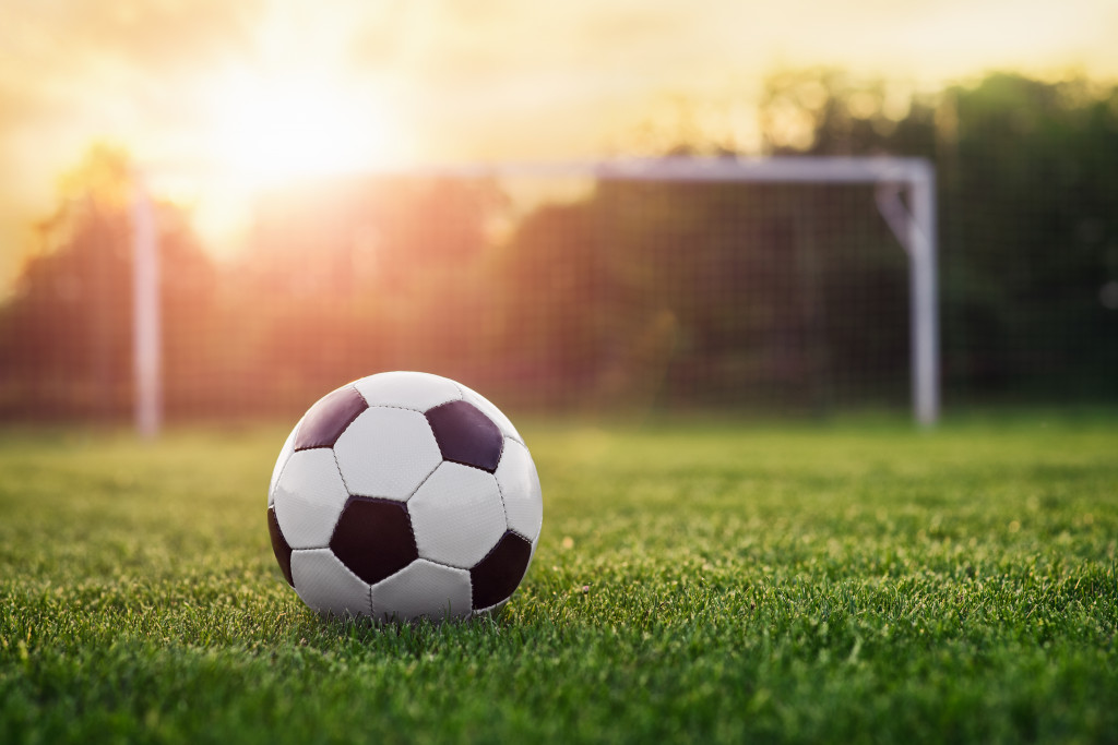 soccer ball in grass field during sunset