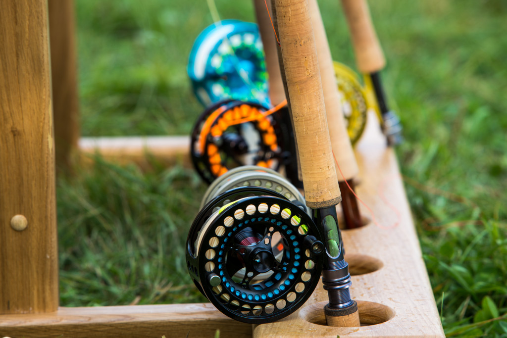 Fishing rods with reels on a rack